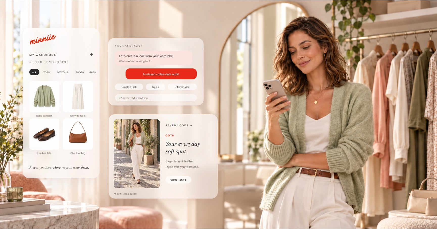 Woman using her phone beside the real minniie wardrobe, AI stylist and saved-look interfaces
